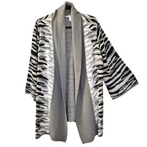 Isaac Mizrahi Live Gray Black White Animal Print Open Front Cardigan Sweater XL